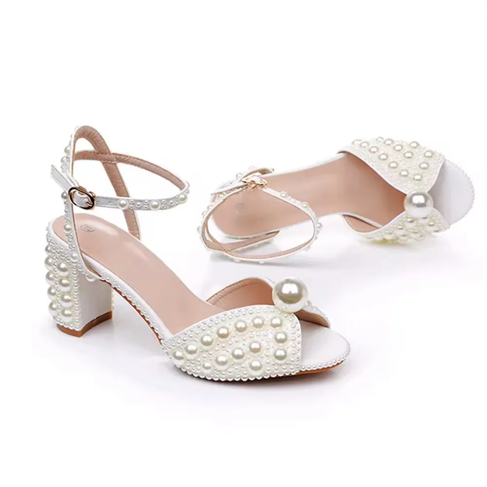 7cm Pearl Block Heels - White or Ivory