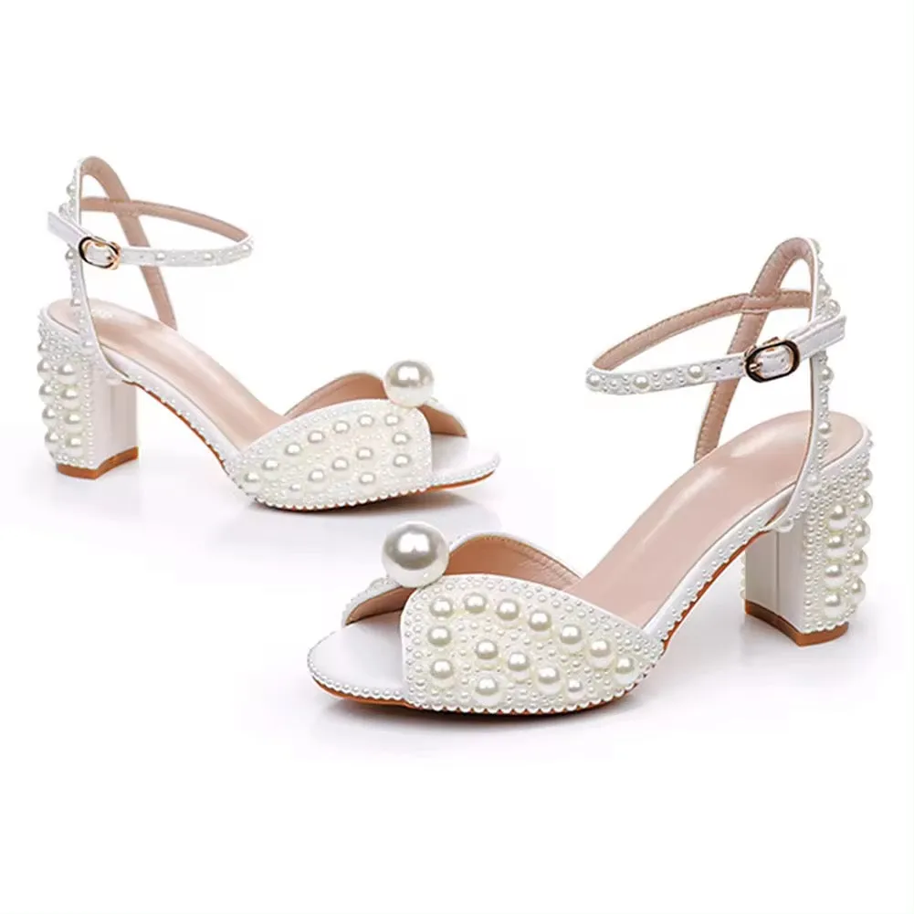 7cm Pearl Block Heels - White or Ivory