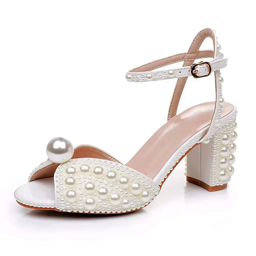 7cm Pearl Block Heels - White or Ivory