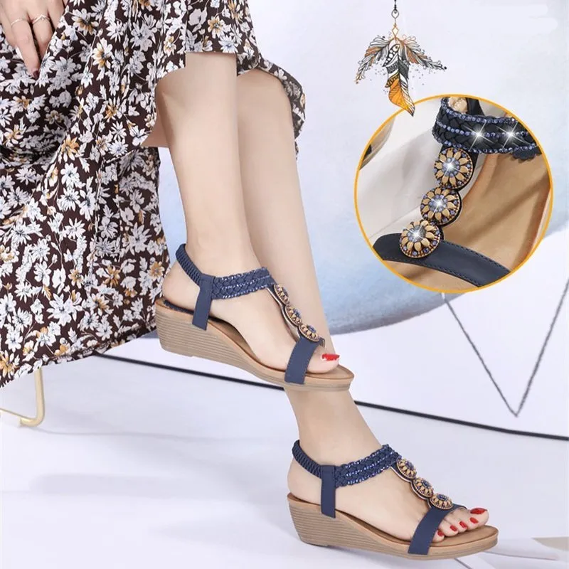 Cuzcare Wedge Orthopedic Sandals Women Boho Floral Rhinestoned Sandals Ankle Strap Summer