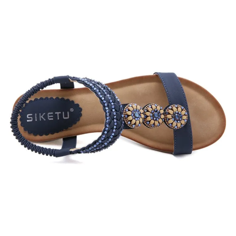 Cuzcare Wedge Orthopedic Sandals Women Boho Floral Rhinestoned Sandals Ankle Strap Summer