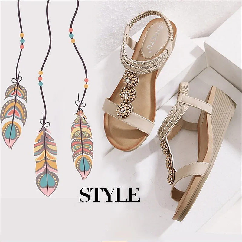 Cuzcare Wedge Orthopedic Sandals Women Boho Floral Rhinestoned Sandals Ankle Strap Summer