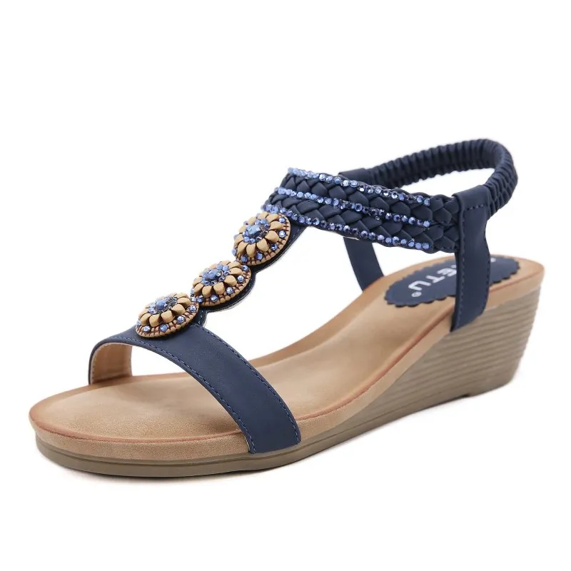 Cuzcare Wedge Orthopedic Sandals Women Boho Floral Rhinestoned Sandals Ankle Strap Summer