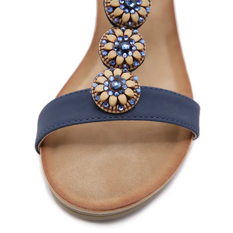Cuzcare Wedge Orthopedic Sandals Women Boho Floral Rhinestoned Sandals Ankle Strap Summer