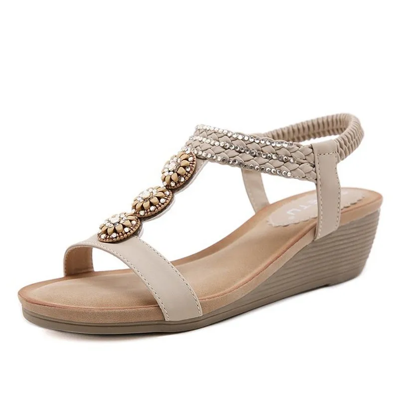Cuzcare Wedge Orthopedic Sandals Women Boho Floral Rhinestoned Sandals Ankle Strap Summer