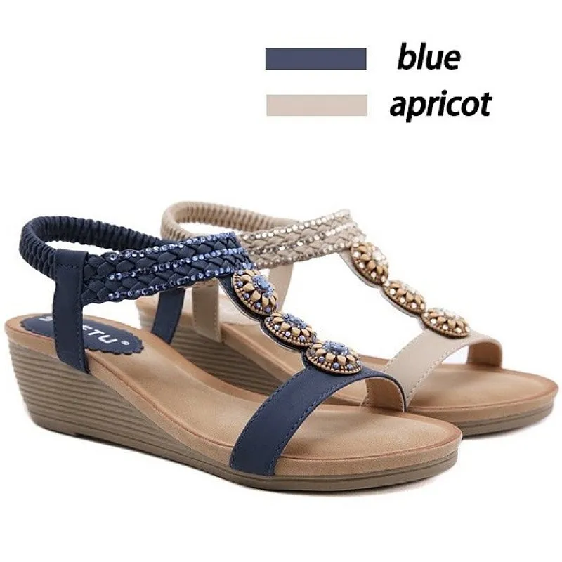 Cuzcare Wedge Orthopedic Sandals Women Boho Floral Rhinestoned Sandals Ankle Strap Summer