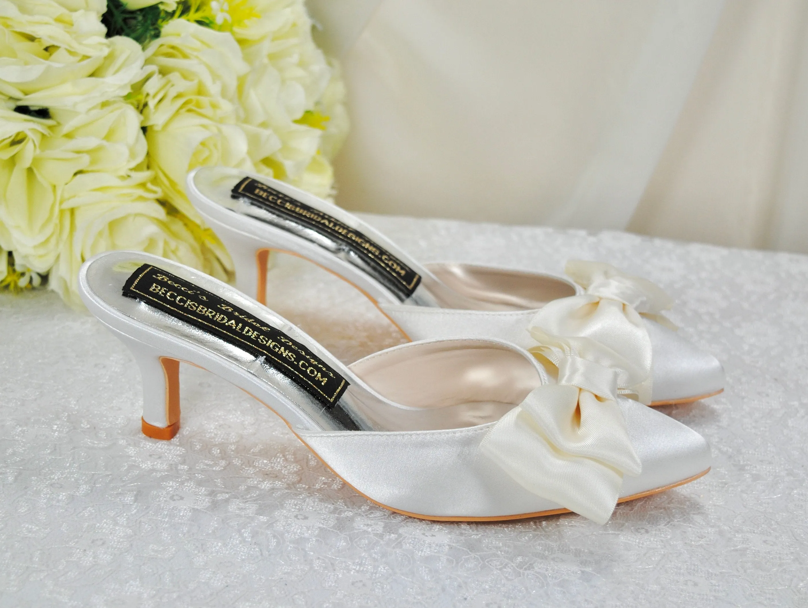 Ivory Satin Bridal Mules with Bow UK3/US5.5