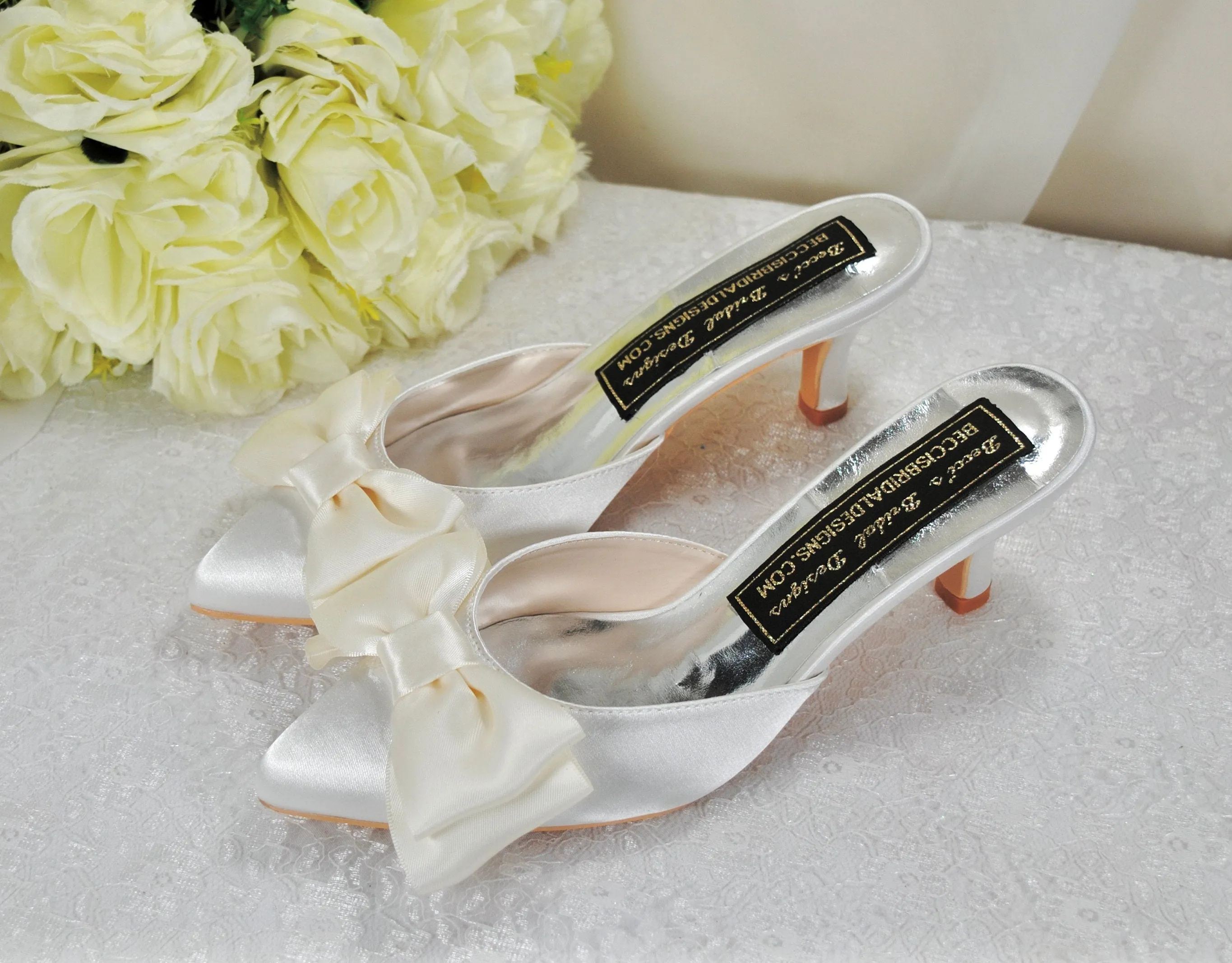 Ivory Satin Bridal Mules with Bow UK3/US5.5