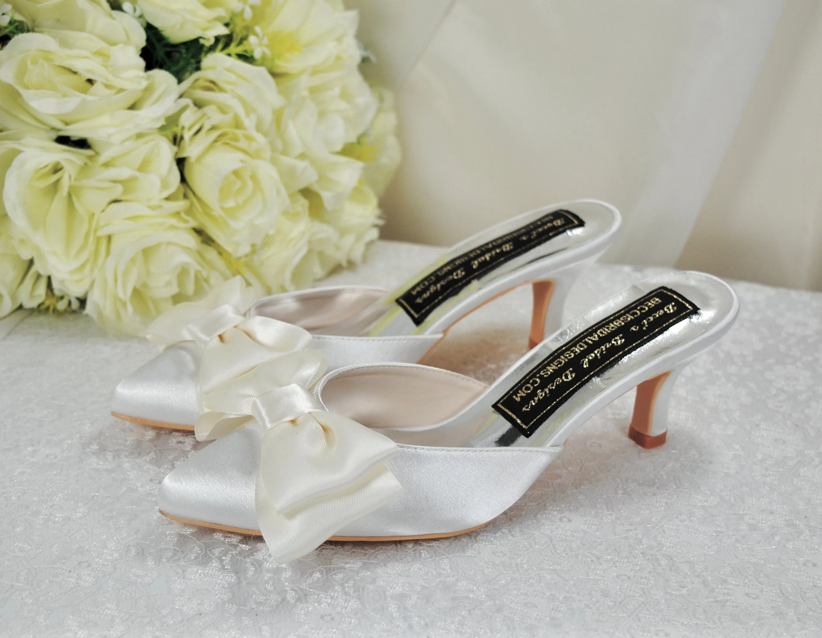 Ivory Satin Bridal Mules with Bow UK3/US5.5