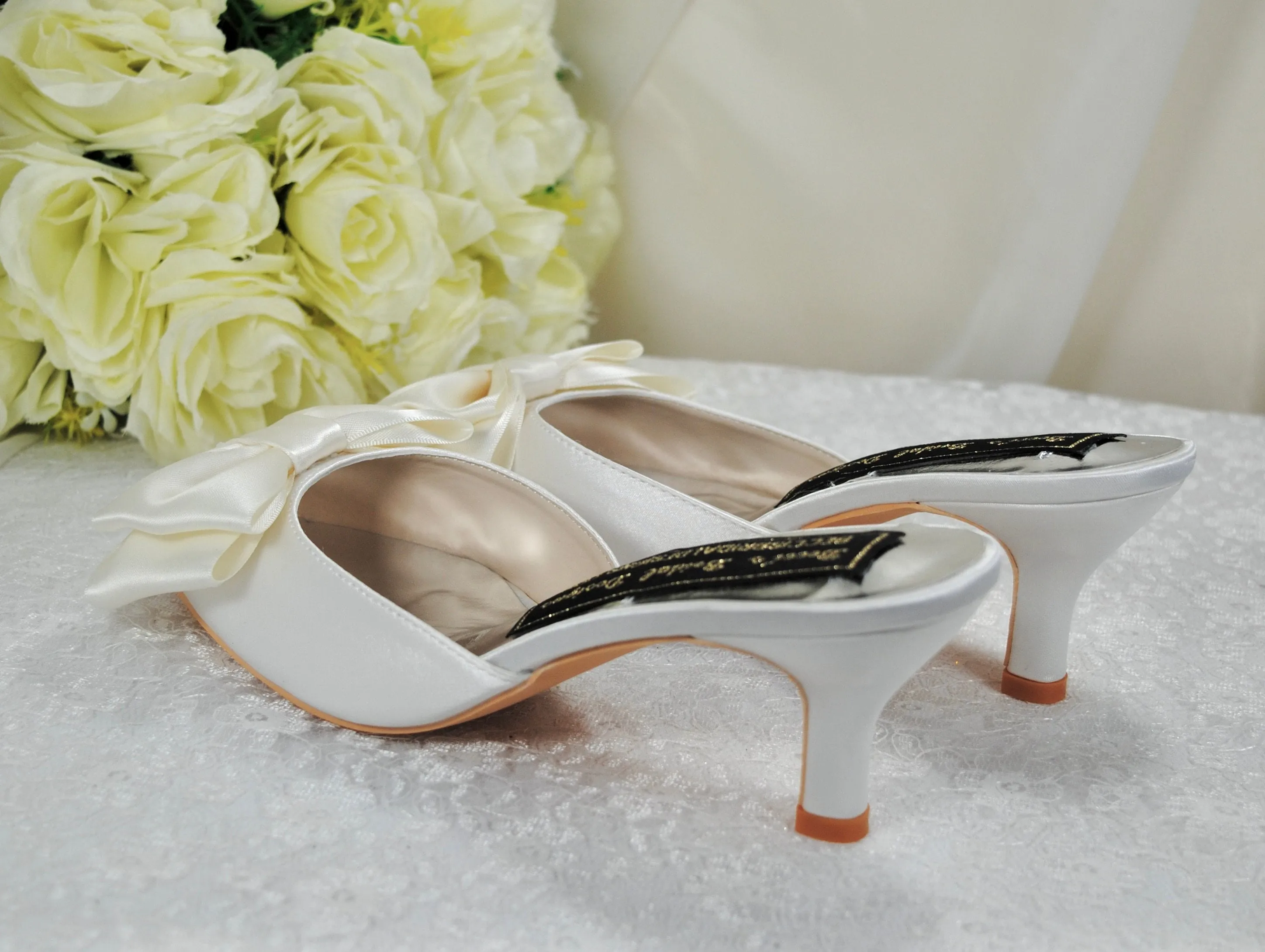Ivory Satin Bridal Mules with Bow UK3/US5.5
