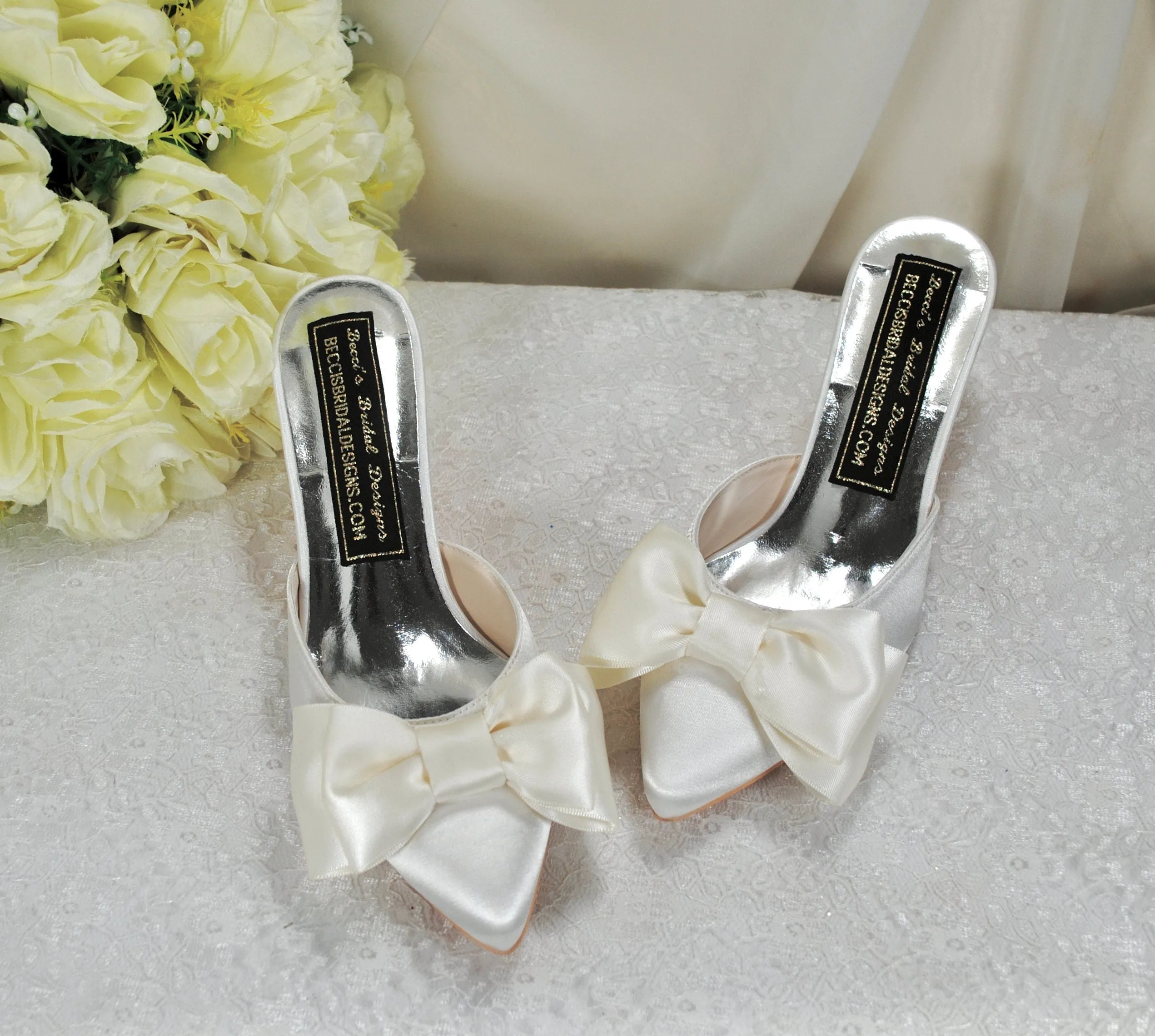 Ivory Satin Bridal Mules with Bow UK3/US5.5