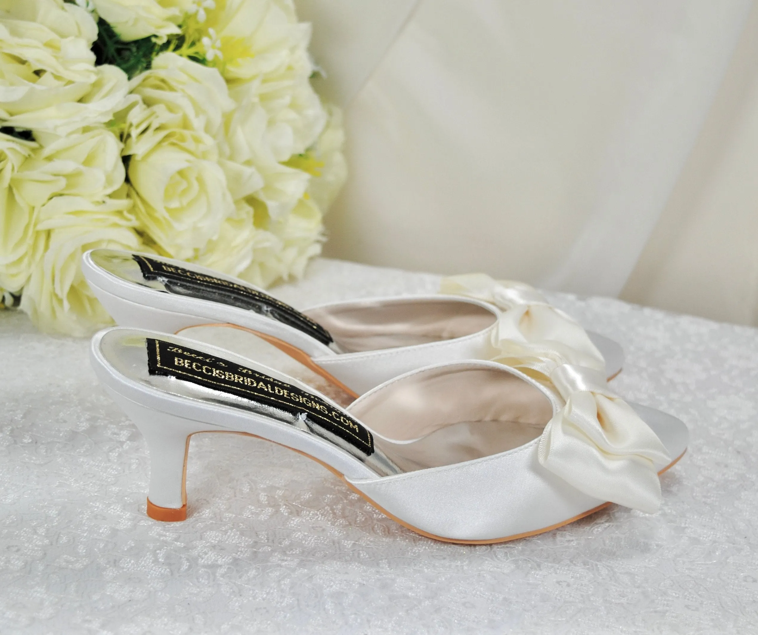 Ivory Satin Bridal Mules with Bow UK3/US5.5